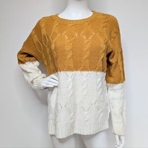 Mustard Yellow & White Color Block Cable Knit Sweater